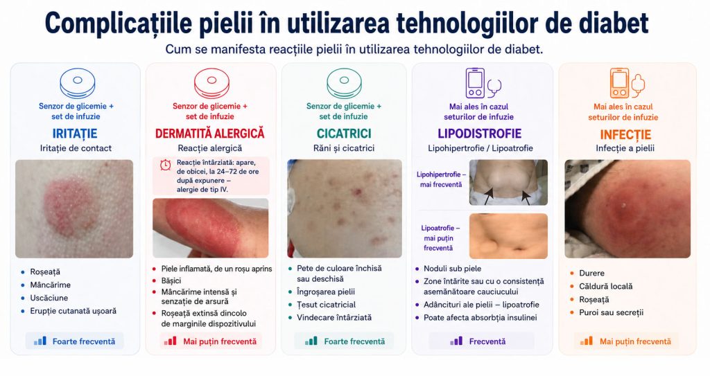 Infografic: cinci tipuri de reacții ale pielii la tehnologiile de diabet — iritație, dermatită alergică, cicatrici, lipodistrofie și infecție
